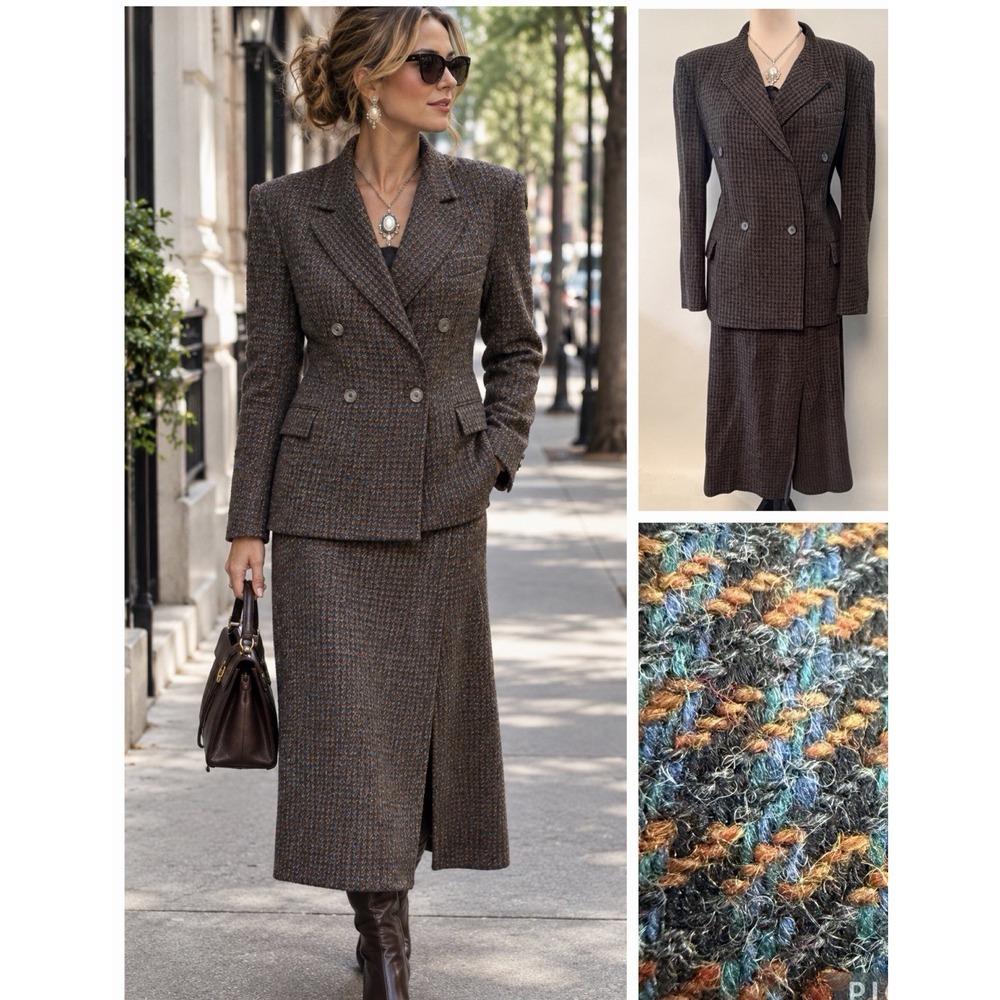 VTG Augustus Women Wool Double Breast Skirt Suit 2 Pc Houndstooth Sz 14 Academia